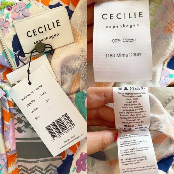 CECILIE COPENHAGEN Mirna Dress Mini Shift Ivory Blue Orange Floral Large NWT - Picture 9 of 11